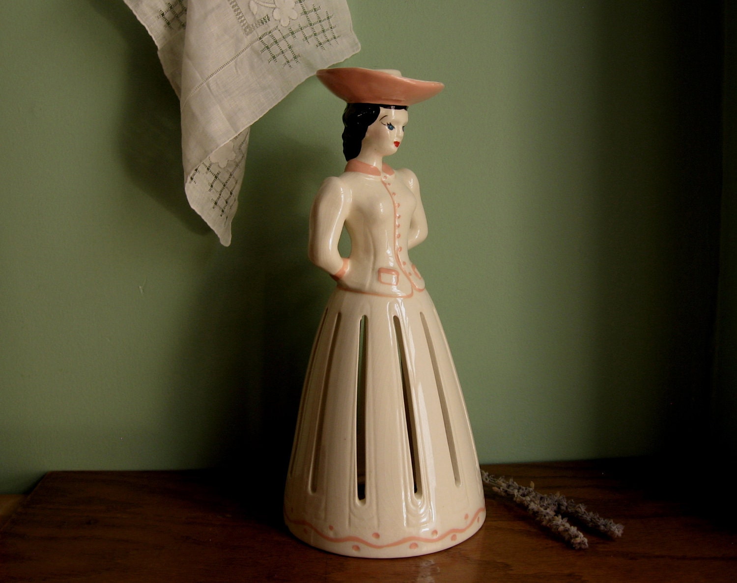 napkin holder candle holder ceramic lady pink by daisychainvintage