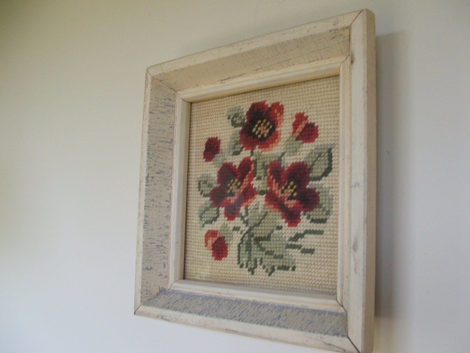 Shabby Chic Framed Needlework Flowers by lookonmytreasures on Etsy