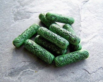 Pantone 2017, As Seen In Stringing 101 Bracelets & Earrings 2013 Issue -Vintage Beads-Vintage Pine Green Floral Etched Tubes-20 Beads