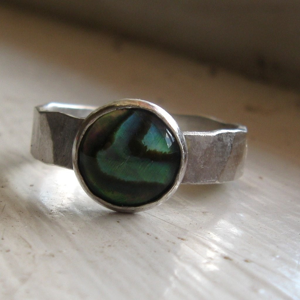 Abalone Ring Rustic Hammered Sterling Silver