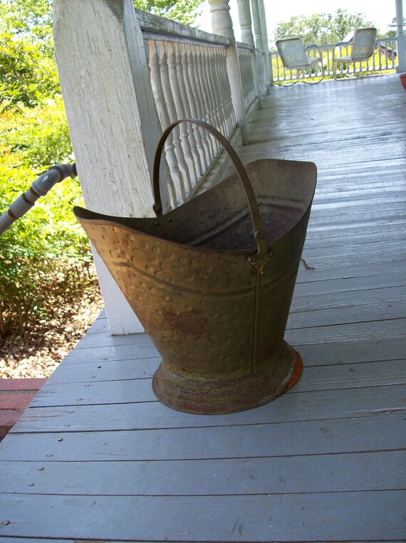 Rustic Farmhouse FIrewood Bucket Vintage Brass Garden Planter