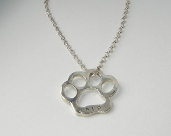 Custom Sterling Silver Dog Paw Print Necklace-Handstamped With Pet Name-Pet Memory Necklace-Sterling Pet Related Necklace-Pet Remembrance