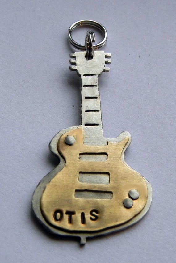 GUITAR shaped dog pet tag ID. Hand cut brass and by OnlyPetTags