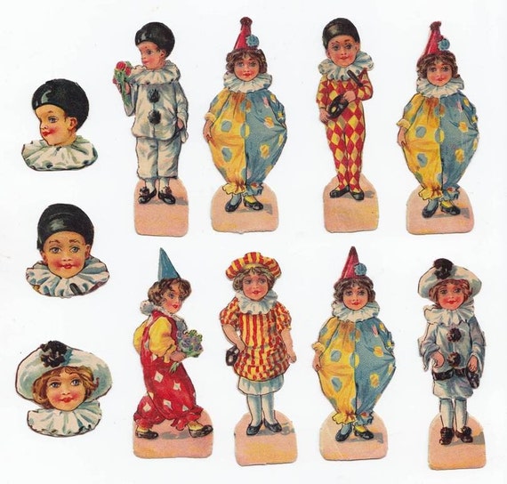 11 Victorian Scraps Harlequin and Circus Clown Boys and Girls