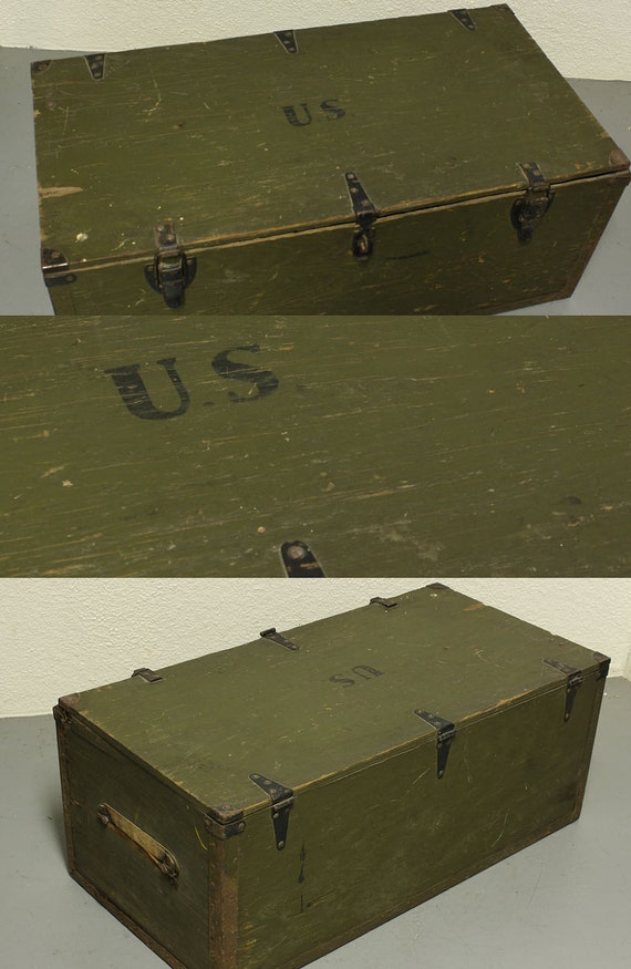 Vintage wood box wood chest foot locker lid hinged lid