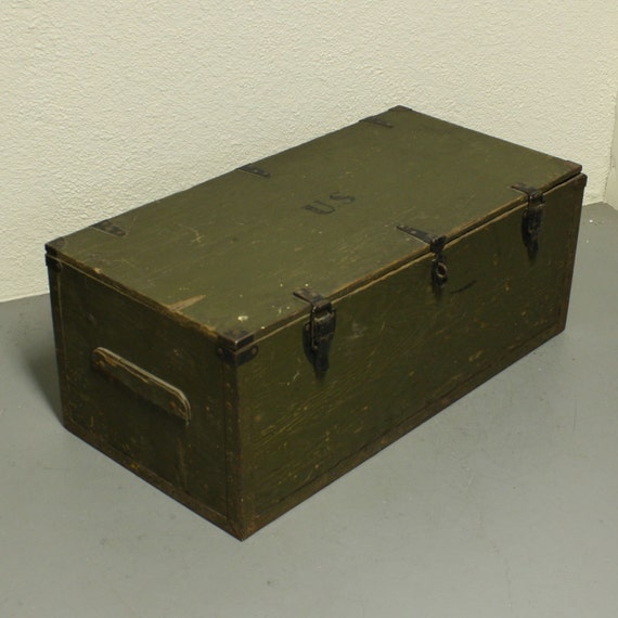 Vintage wood box wood chest foot locker lid hinged lid