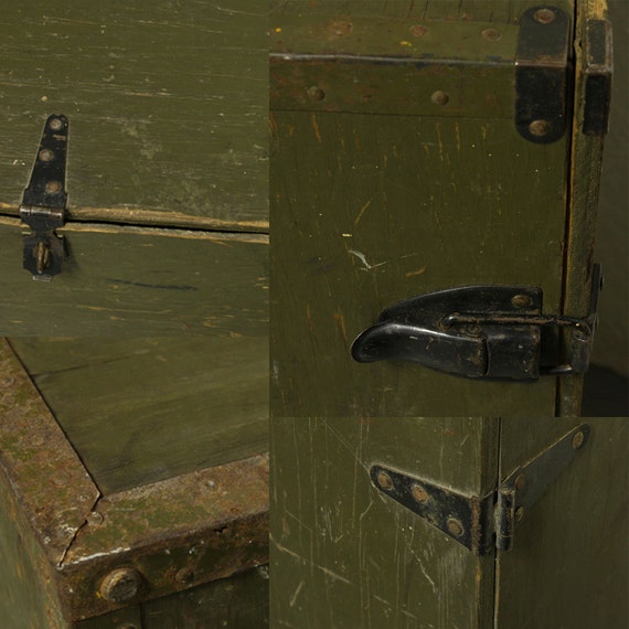 Vintage wood box wood chest foot locker lid hinged lid