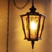 Vintage hanging light - hanging lamp - wood spindles - street lantern design - amber