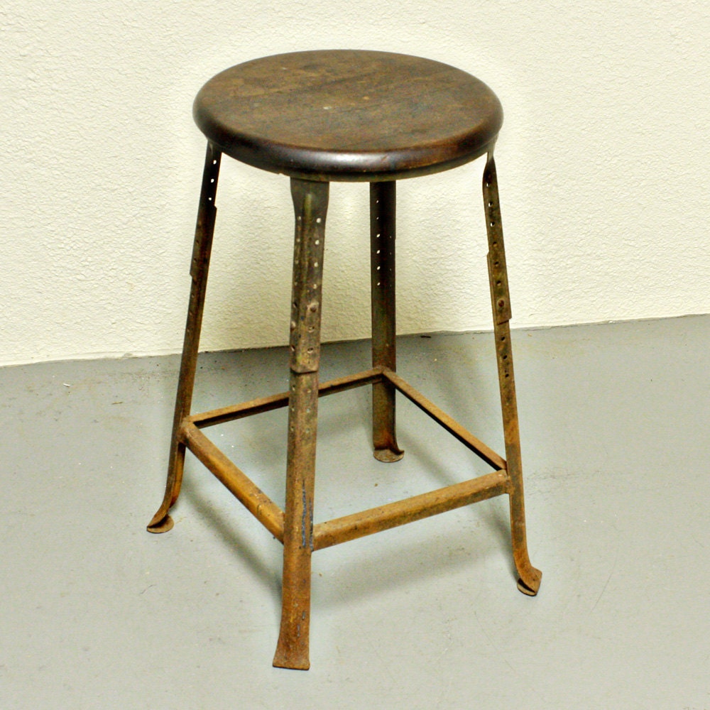 Vintage metal stool wood seat Hallowell Standard Pressed