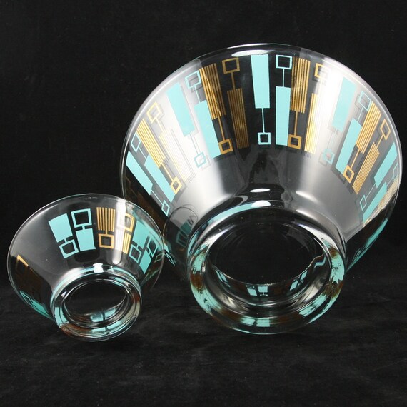 Atomic Blue Gold Moderne Chip Dip Set Anchor Hocking Vtg MIB