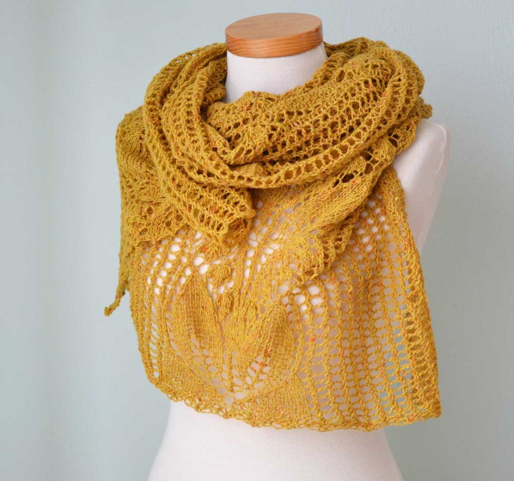 Lace knitted shawl mustard yellow