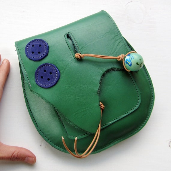 Handmade Leather clutch Purse Bag Emerald leather peacock