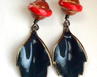 Green Leaf Earrings, Leaf Earrings, Red Earrings, Dangle Earrings