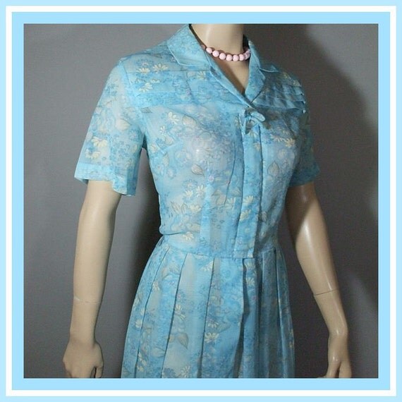 Vintage 50s Dress / Sheer Blue Floral Print / M
