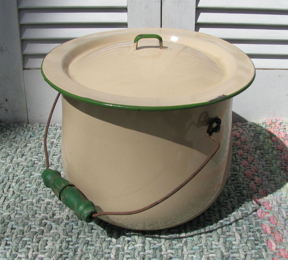 Vintage Enamel Ware Chamber Pot Cream and Green Shabby