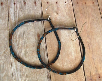 Eco-Friendly Copper Hoops - Upcycled Large Hammered Earrings w Turquoise Blue Patina
