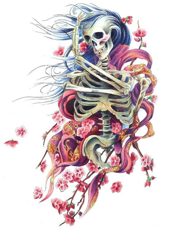 beautiful skeleton geisha with cherry blossoms pendant banner