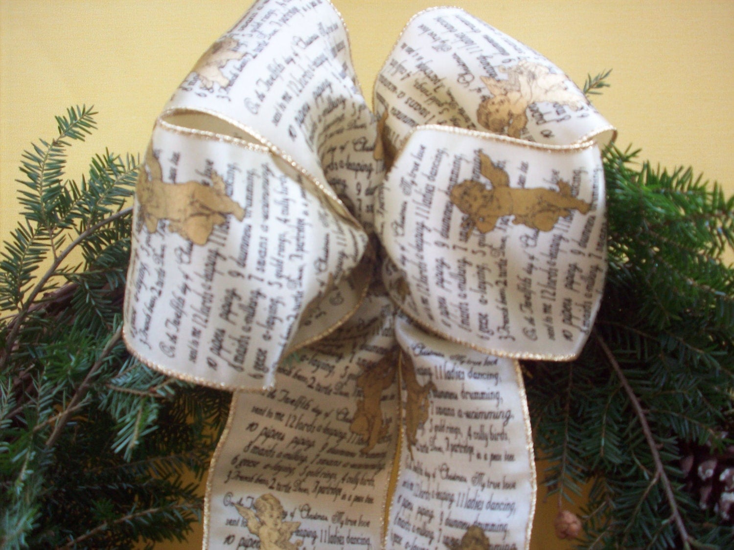 Wreath Bow On the First Day of Christmas etc 4 " Wide Satin Ribbon Gold Cherubs and Edging