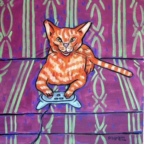 cat tile cat art Orange Cat Playing Video Games Art TIle