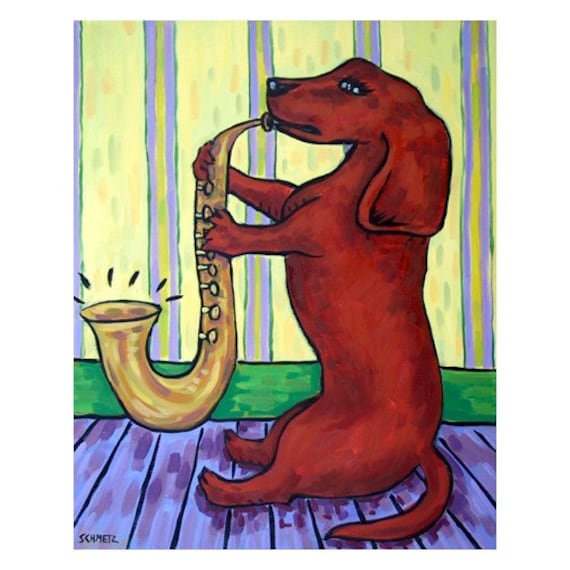 Dachshund Playing a Saxophone Dog Art Print