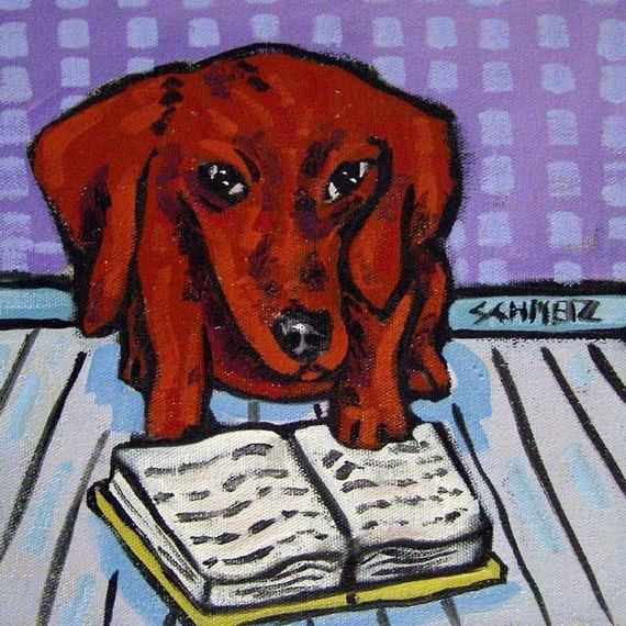 dachshund art Dachshund Reading a Book Dog Art Tile Coaster