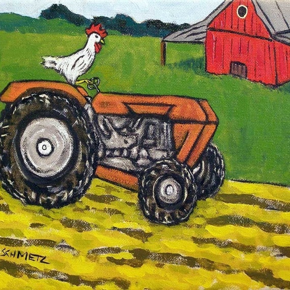 Chicken on the Farm Riding a tractor Bird Art Tile by SCHMETZPETZ