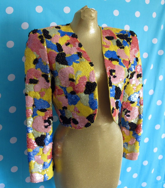 80s Yellow Sequined Bolero Evening Jacket with by retrorocketgirl