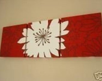 Handmade Set Of 3 Contemporary Modern Designer Retro Print Design Very Funky Red White Large Flower Wall Hanging Canvases Wall Art.
