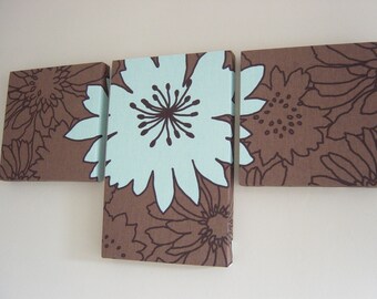 Handmade Set Of 3 Contemporary Modern Designer Retro Print Design Very Funky Duck Egg Blue Flower Wall Hanging Canvases Wall Art.