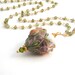 Olive Green Pendant Necklace, Rosary Style, Heart Pendant, Gold, Orange, White, Mauve, Wire Wrapped
