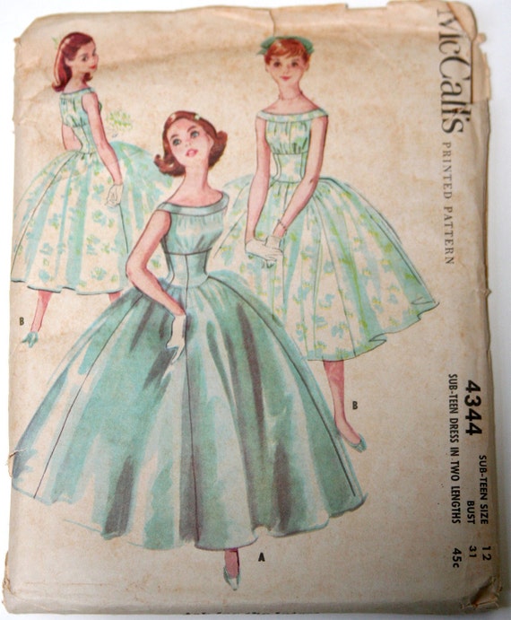 Vintage sewing  pattern  formal  dress  with full skirt 1950s