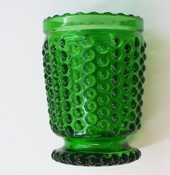 Vintage candle holder hobnail emerald green glass