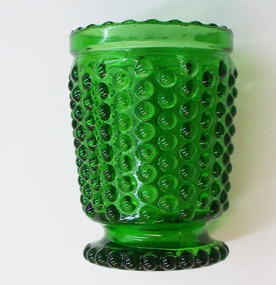 Vintage candle holder hobnail emerald green glass