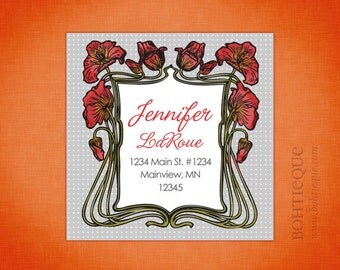 Red Poppies Grey Square Address Labels, Gift Tags