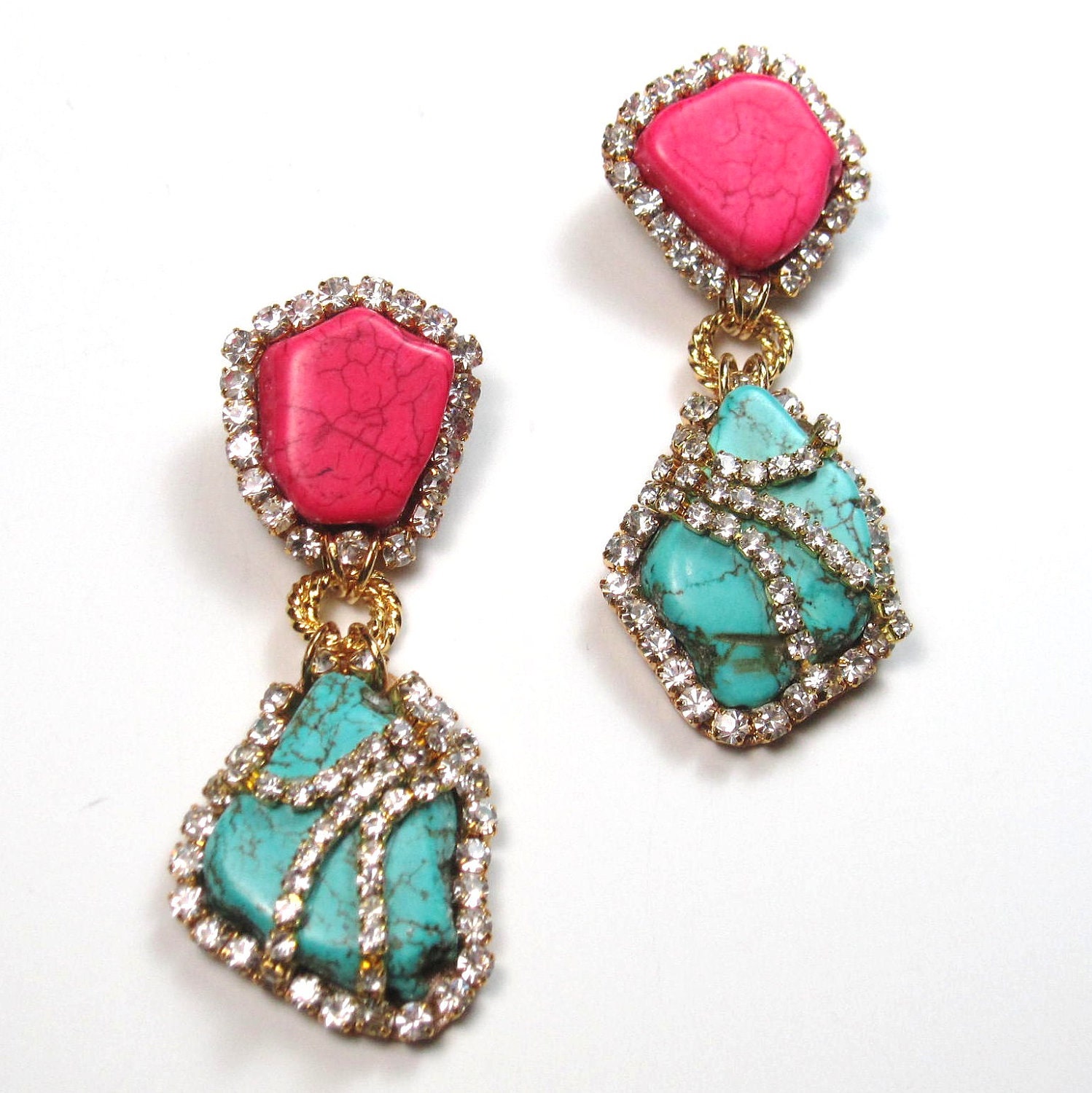 Statement Earrings Turquoise Blue And Pink Crystal Embellished