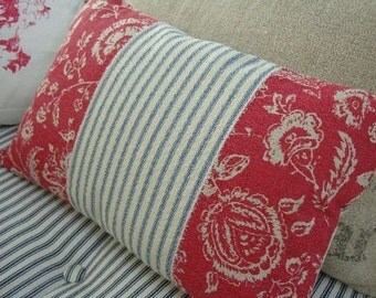 CoTTaGe French Red Pillow/TOILE/BLuE TicKinG/12x16 PILLOW/Coastal/Urban Loft/Farmhouse/Bedroom Pillow/Traditional/Nursery/Throw Pillow