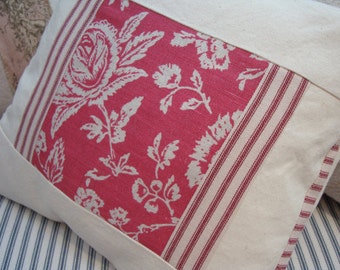 PaRiS French/Cottage Pillow/20" Shabby Chic FRenCH ToiLE/Red TicKing Natural Denim