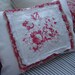 PaRiS French ReD Toile Cottage Shabby Chic CaBBaGe RoSes on White Denim PiLLoW