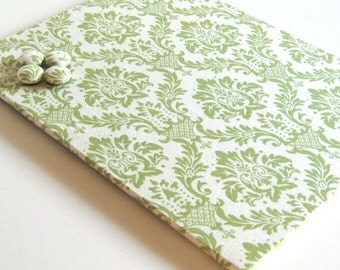 Magnet Board covered in Green and Cream Damask Fabric 8.5 inch x 11 inch