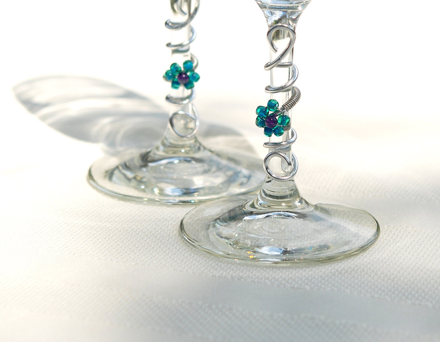 Champagne Flutes Flower Decorated Stemware Beaded Wire