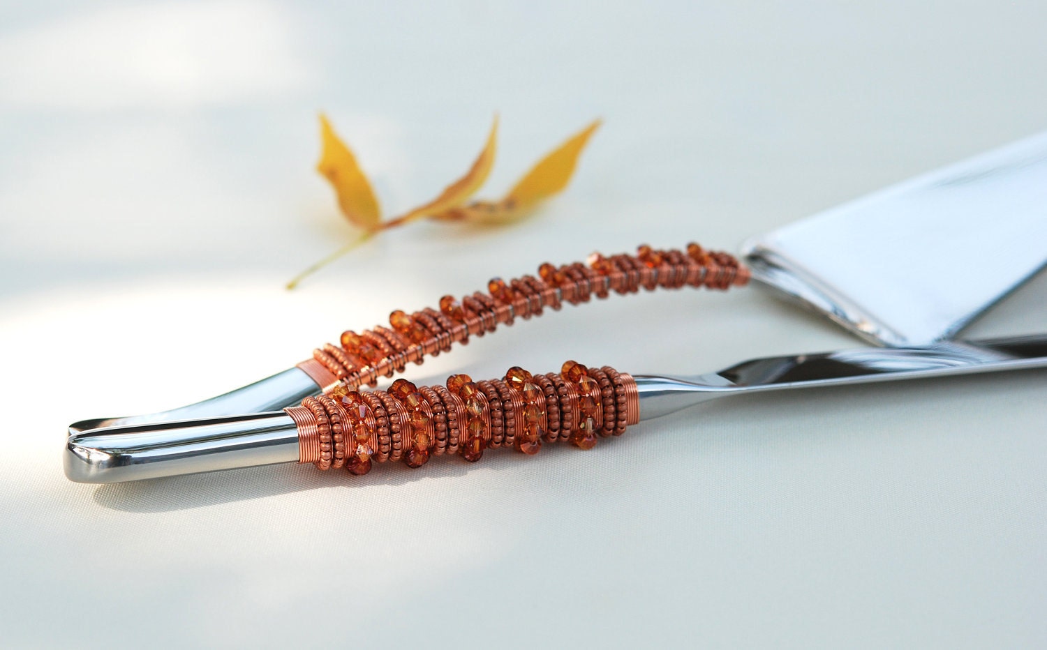 SWAROVSKI Copper  Wedding  Cake  Knife Server  Set  Beaded Fall