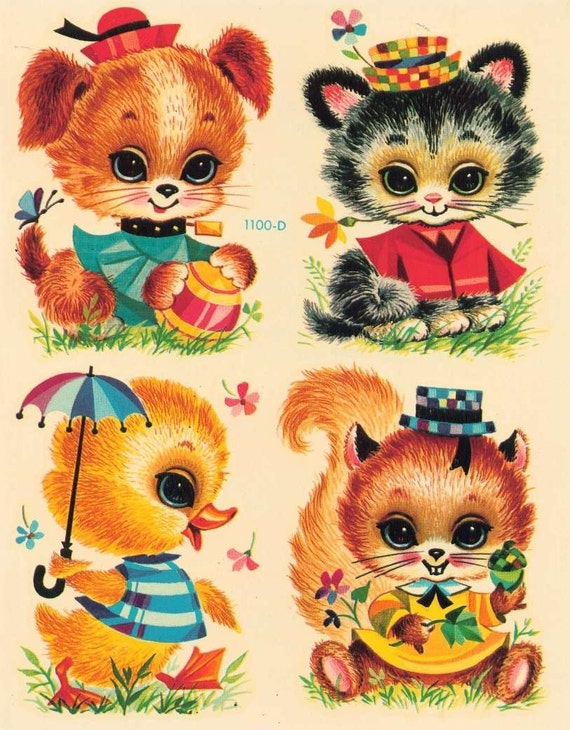 Vintage Meyercord Nursery Baby Animals Decals Puppy Kitty Duck