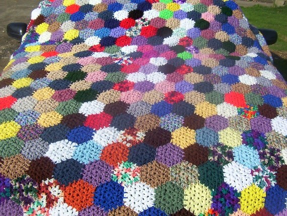 King/Queen Size Crocheted Hexagon Granny Square Afghan