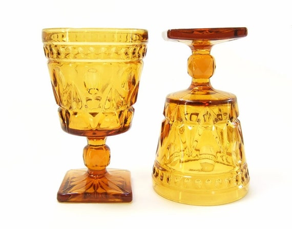 Items similar to Vintage 70s Amber Thumbprint Glass Stemmed Wine Goblet ...