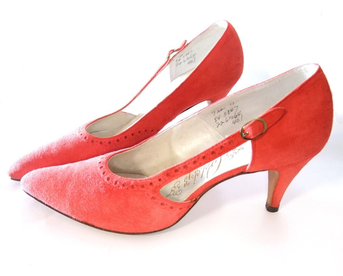Vintage 50s Shoes Red Suede D'orsay Rockabilly Spike Heel