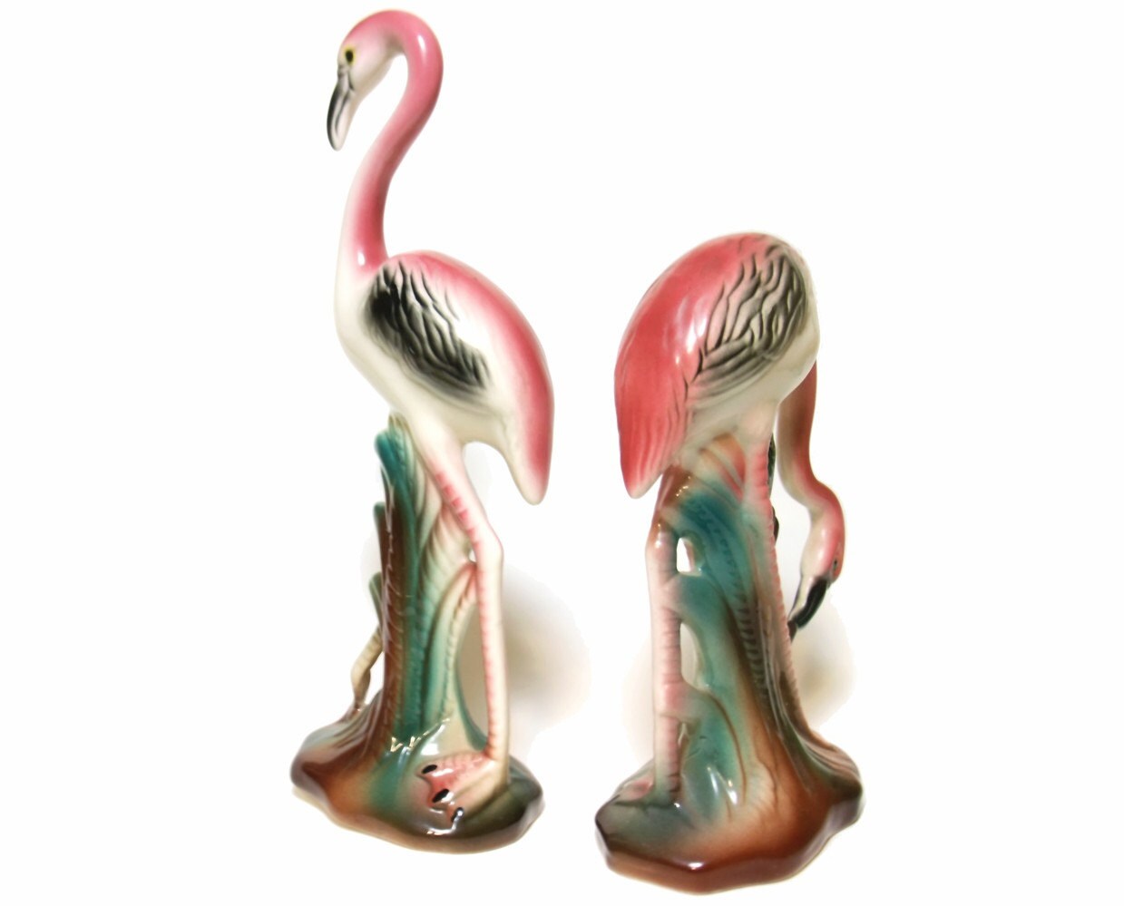Vintage 40s Ceramic Flamingo Figurines Pink Black Green Set