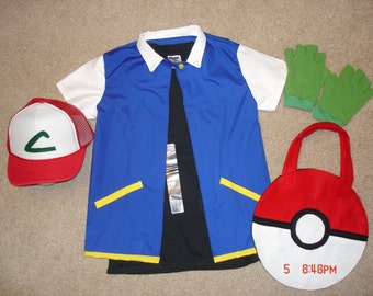 Adult Ash Ketchum Original Pokemon Trainer Costume with Shirt, Hat, and Gloves