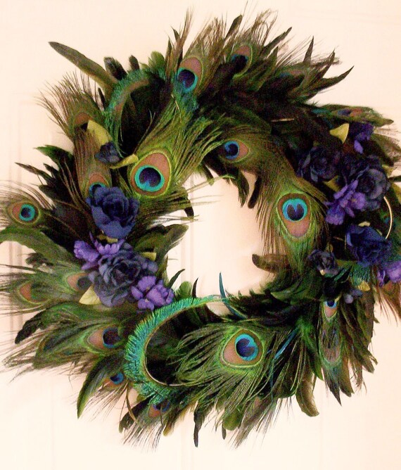 Peacock Feather Wreath Teal Royal Blue Home Decor Original