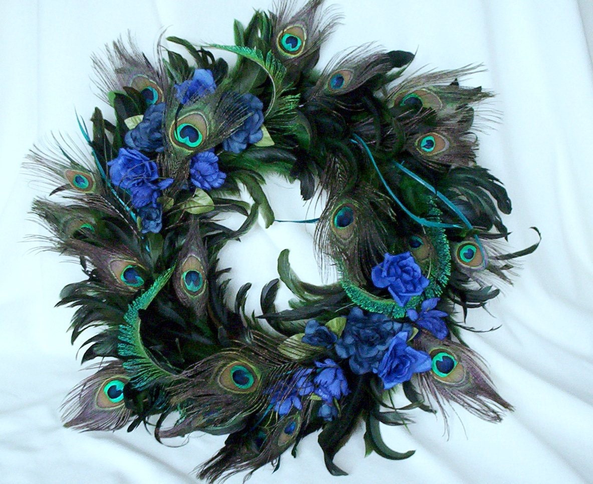 Peacock Home Decor Wreath Natural Feathers   Il Fullxfull.302192516 