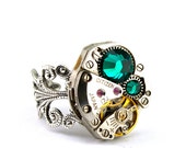 Steampunk Ring - GORGEOUS Clockwork Design & Dark Emerald Green Swarovski Crystals - PROMPTLY SHIPPED - Steampunk Jewelry London Particulars